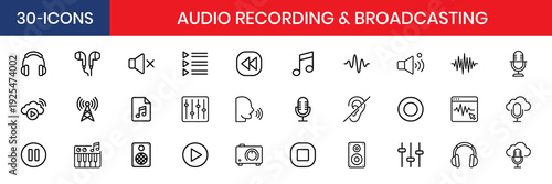 Audio Recording And Broadcasting Thin Line Icon Set
