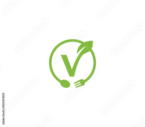 Vegan food logo with green circle and leaf design.