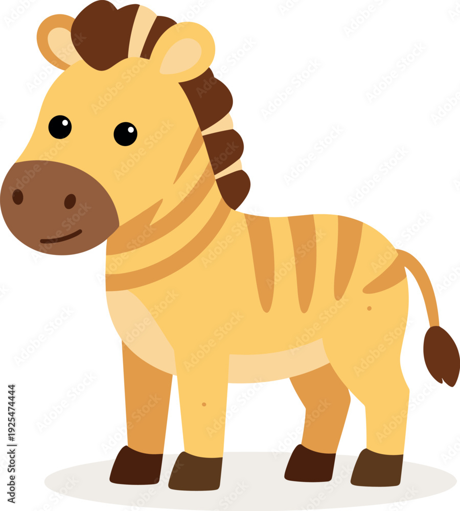 Fototapeta premium Cute cartoon zebra stands on a white background looking friendly