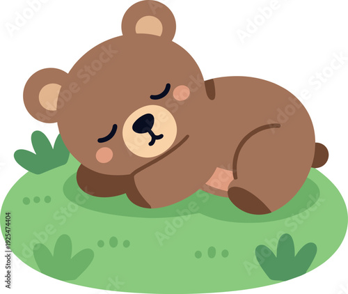 Cute bear cub sleeps peacefully on a small patch of green grass