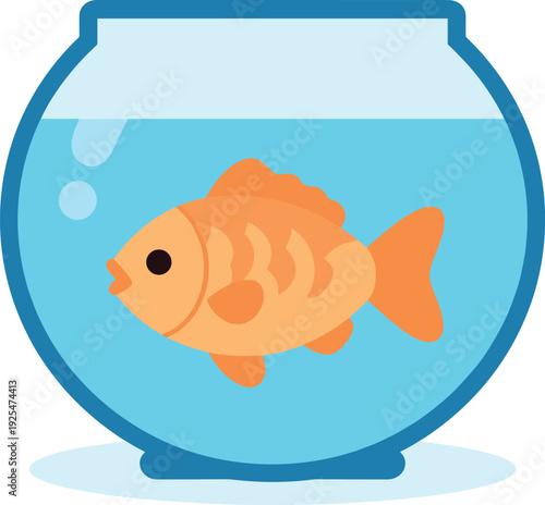 Cute goldfish swims in a blue fishbowl filled with clear water and air bubbles