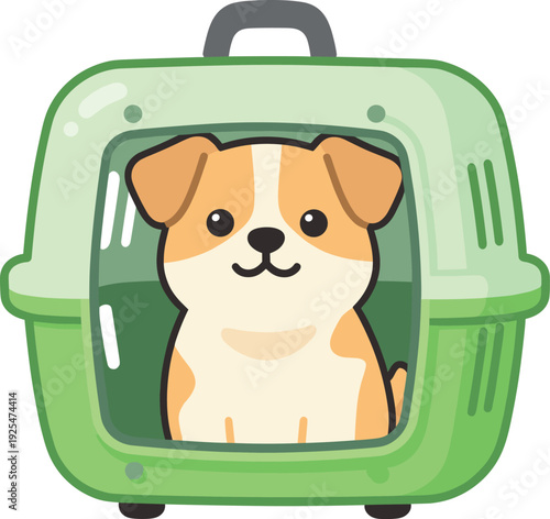 Cute cartoon dog sits patiently inside a green and white pet carrier for travel