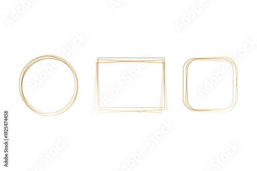 Three distinct hand-drawn frames feature a shimmering gold watercolor effect on a clean white background. Shapes include a circle, a rectangle, and a rounded square, perfect for design accents.