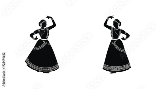 A dancer silhouette illustration of women in traditional Indian attire dancing