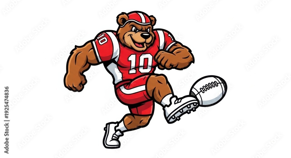 Obraz premium Bear mascot playing football kicking ball wearing jersey