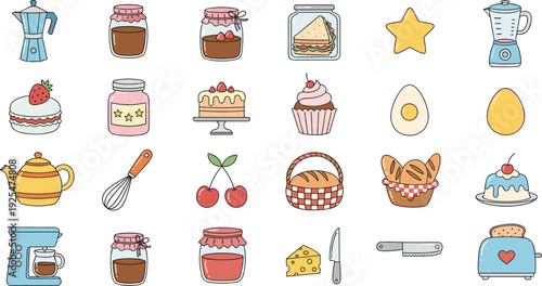 Cute breakfast and bakery food icons collection, coffee maker jam sandwich cake bread and kitchen tools vector illustration set