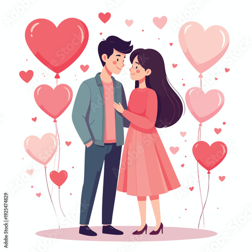 Couple Sharing a Romantic Moment Surrounded by Heart-Shaped Balloons and Love Symbols, Illustrated in a Whimsical Valentine's Day Scene from a Front View