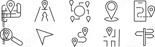 Collection of black outline map and navigation icons on white background location marker