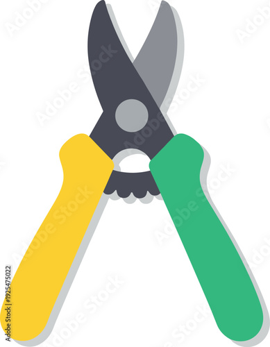 Colorful gardening shears for pruning with yellow and green handle grips sit on white