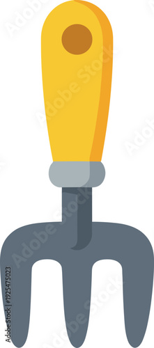 Illustration of a yellow handled gardening fork with three tines on a white background
