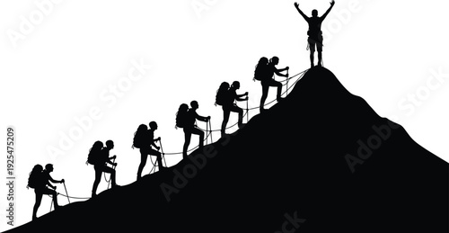Silhouette of hikers climbing mountain peak with backpacks vector illustration isolated on white background adventure success concept design