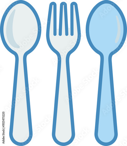 Light blue cutlery set featuring two spoons and a fork on white background