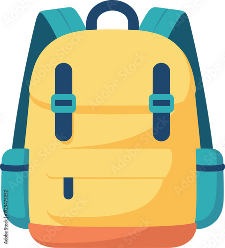 Illustration of a yellow and teal backpack with pockets and straps