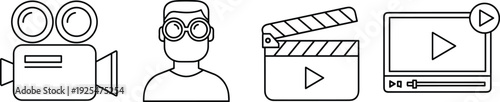Video production and media player line icons set, movie camera clapperboard user profile outline vector illustration collection