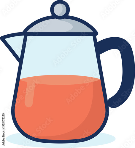Elegant glass teapot filled with coral colored beverage on white backdrop