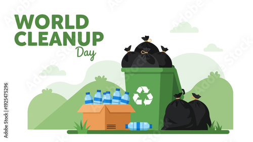 World Cleanup Day illustration with green recycling bin and collected plastic bottles.