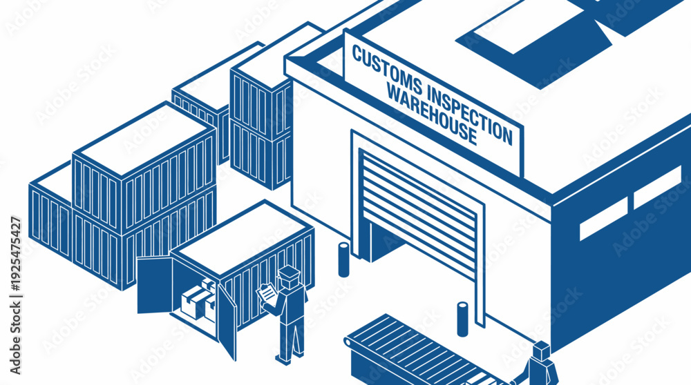 Fototapeta premium Isometric illustration of a customs inspection warehouse with shipping containers and workers. Vector Illustration. EPS Editable