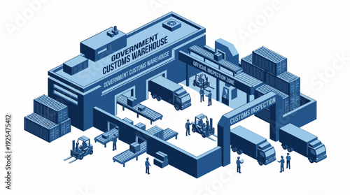 Isometric Illustration of a Government Customs Warehouse Facility with Trucks and Workers. Vector Illustration. EPS Editable