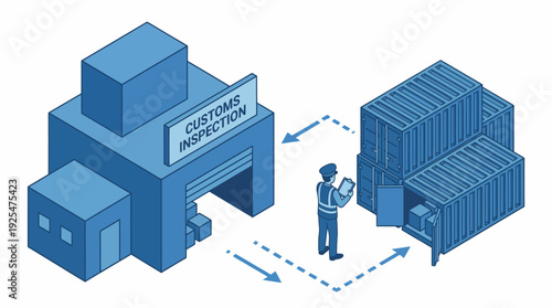Isometric illustration of customs inspection process at a shipping port with containers and a worker. Vector Illustration. EPS Editable