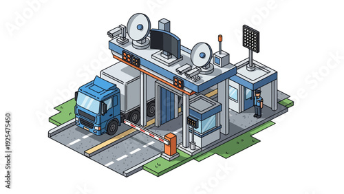 Isometric Pixel Art Illustration of a Modern Border Crossing Checkpoint with Truck and Satellite Dishes.