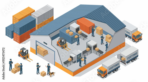 Isometric Warehouse Interior with Forklifts and Shipping Containers. Vector Illustration. EPS Editable