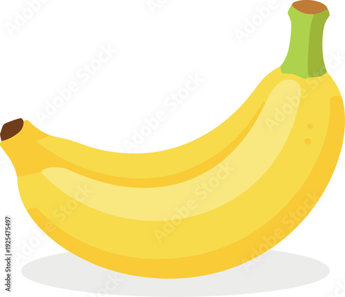 Cartoon illustration of a single banana with a bright yellow peel on a white background