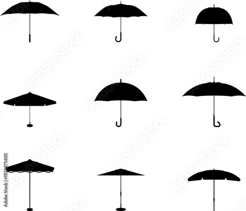 Umbrella icons set. Types of umbrellas collection vector silhouette. April showers bring May flowers. Season Rain Protection Concept Flat Design