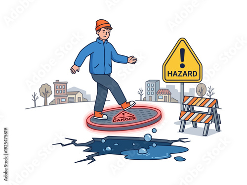 Man on hoverboard navigating hazardous urban environment. Vector Illustration. EPS Editable