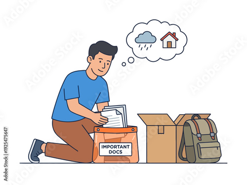Man preparing emergency kit packing important documents for disaster readiness. Vector Illustration. EPS Editable