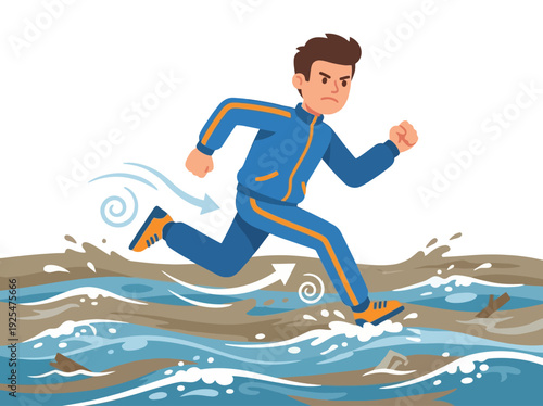 Man running through muddy water determined expression. Vector Illustration. EPS Editable