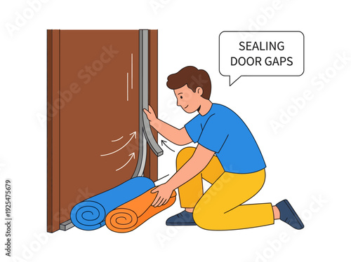 Man sealing door gaps with weatherstripping for home improvement. Vector Illustration. EPS Editable