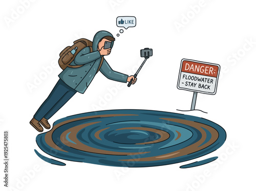 Man takes selfie near dangerous floodwater for social media likes. Vector Illustration. EPS Editable