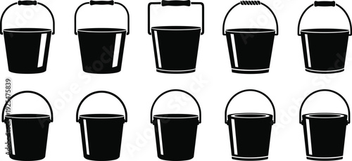 Collection of plastic buckets with handles black silhouette vector illustration isolated on white background household container set design