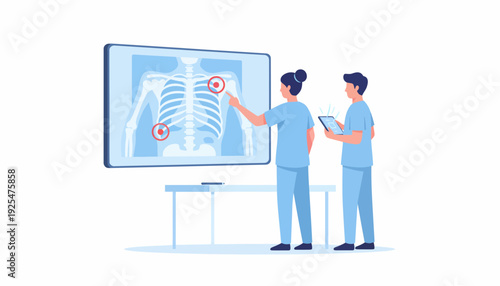 Medical professionals analyzing Xray on large screen for diagnosis. Vector Illustration. EPS Editable