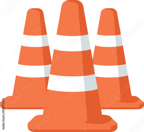 Three orange safety cones with white stripes indicating road construction ahead