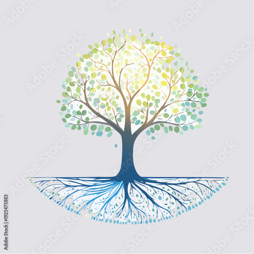 Stylized tree with a full canopy of variegated leaves and a deep blue root system on a soft grey background evoking tranquility and stability
