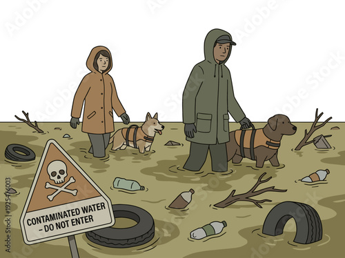 People and dogs wading through contaminated water. Vector Illustration. EPS Editable