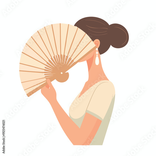Woman holding a traditional fan in her hand with elegance and poise illustration
