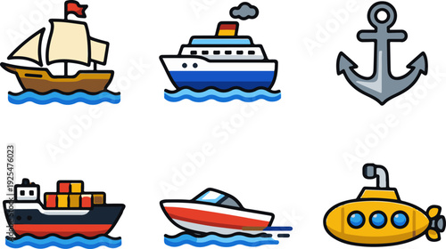 Marine transport shipping nautical icon set
