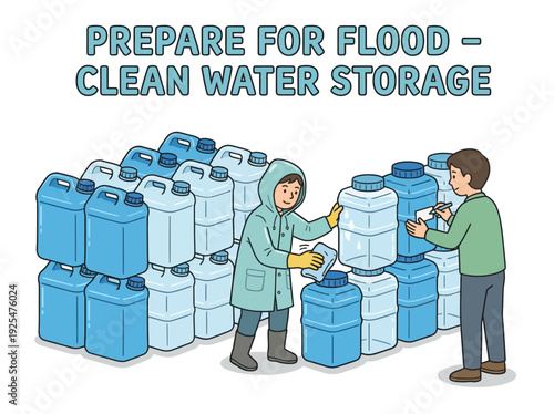 People preparing clean water storage for flood emergency. Vector Illustration. EPS Editable