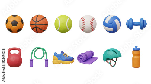 Large collection of colorful 3D sports equipment icons including balls, weights, and fitness accessories rendered in a cute, minimalist claymation style for various athletic activities