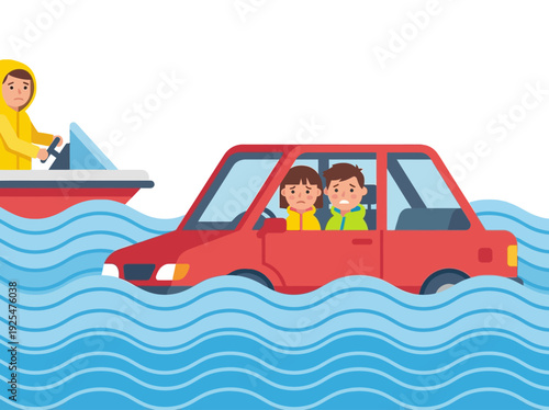 People trapped in a red car during a flood with a rescuer in a boat nearby. Vector Illustration. EPS Editable