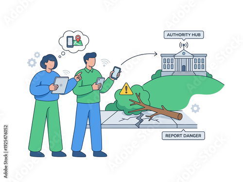 People using mobile devices to report danger to authority hub. Vector Illustration. EPS Editable