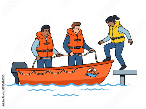 People wearing life jackets boarding a boat. Vector Illustration. EPS Editable