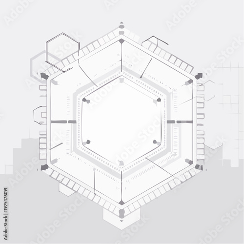 Futuristic geometric hexagonal structure with intricate lines and subtle shading creating a sense of depth and technological sophistication on a light gray background