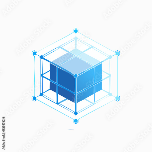 Abstract wireframe cube with glowing blue nodes and connecting lines, representing a digital network or data structure