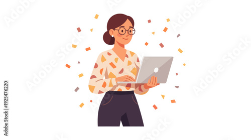 Professional woman in glasses holding a laptop surrounded by confetti. Vector Illustration. EPS Editable
