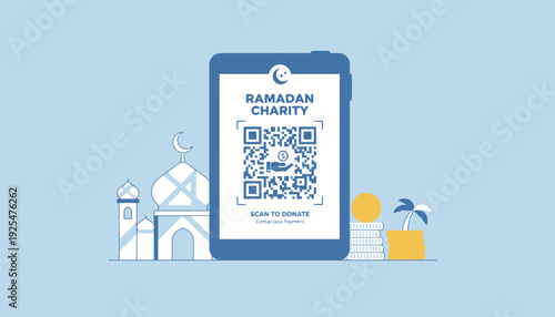 Ramadan Charity Donation via Mobile App QR Code. Vector Illustration. EPS Editable