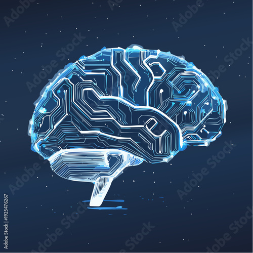 Glowing digital brain with intricate blue circuit board patterns set against a dark, starry background symbolizing artificial intelligence and advanced neural networks