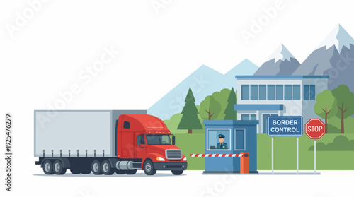 Red SemiTruck at Border Control Checkpoint with Mountains in Background. Vector Illustration. EPS Editable